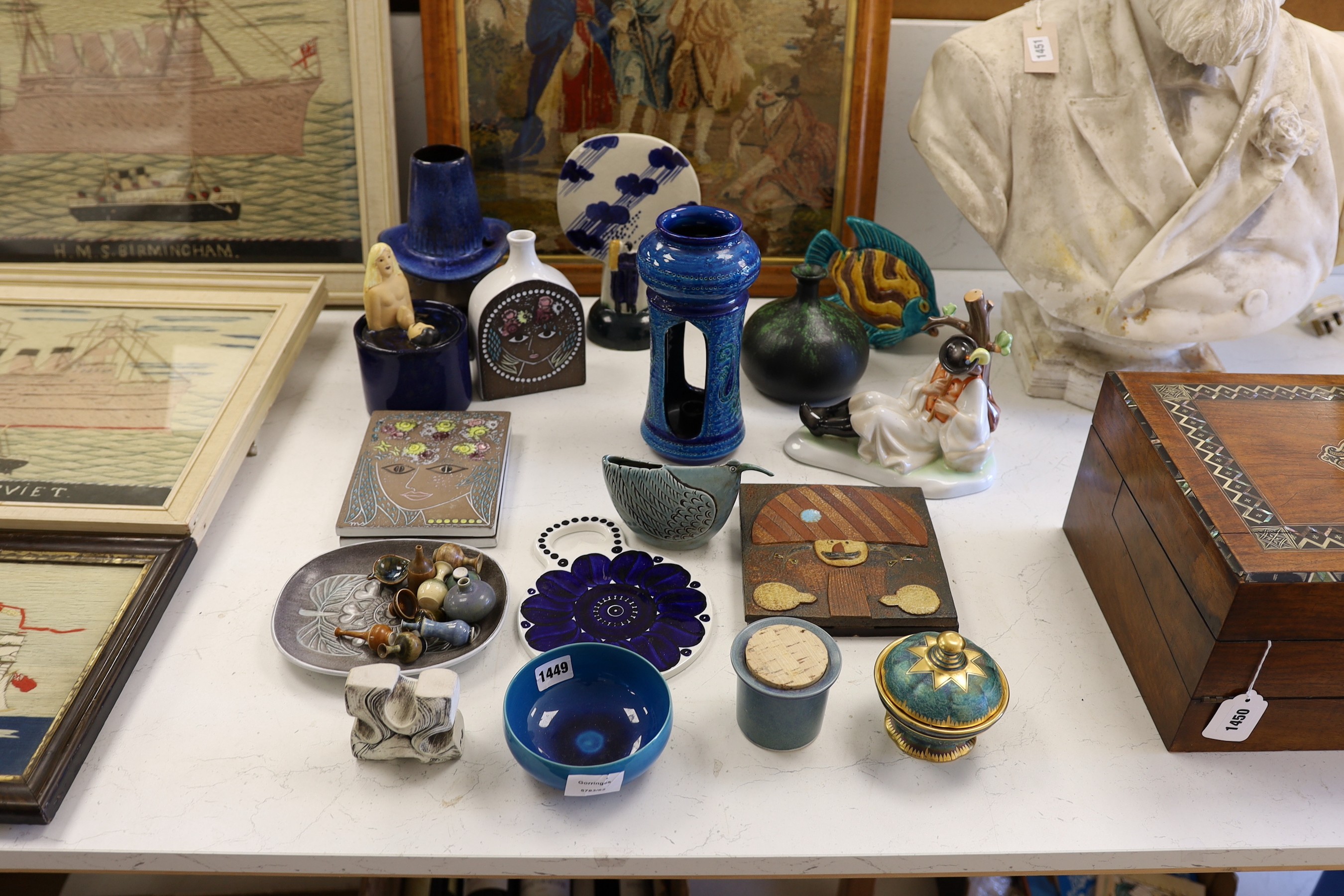 A group of assorted mainly Danish ceramics including a Lisa Larsson pot and a Timo Sarvimäki group and a Gustavsberg chicken, pots etc., tallest, turquoise candle holder 26cms high